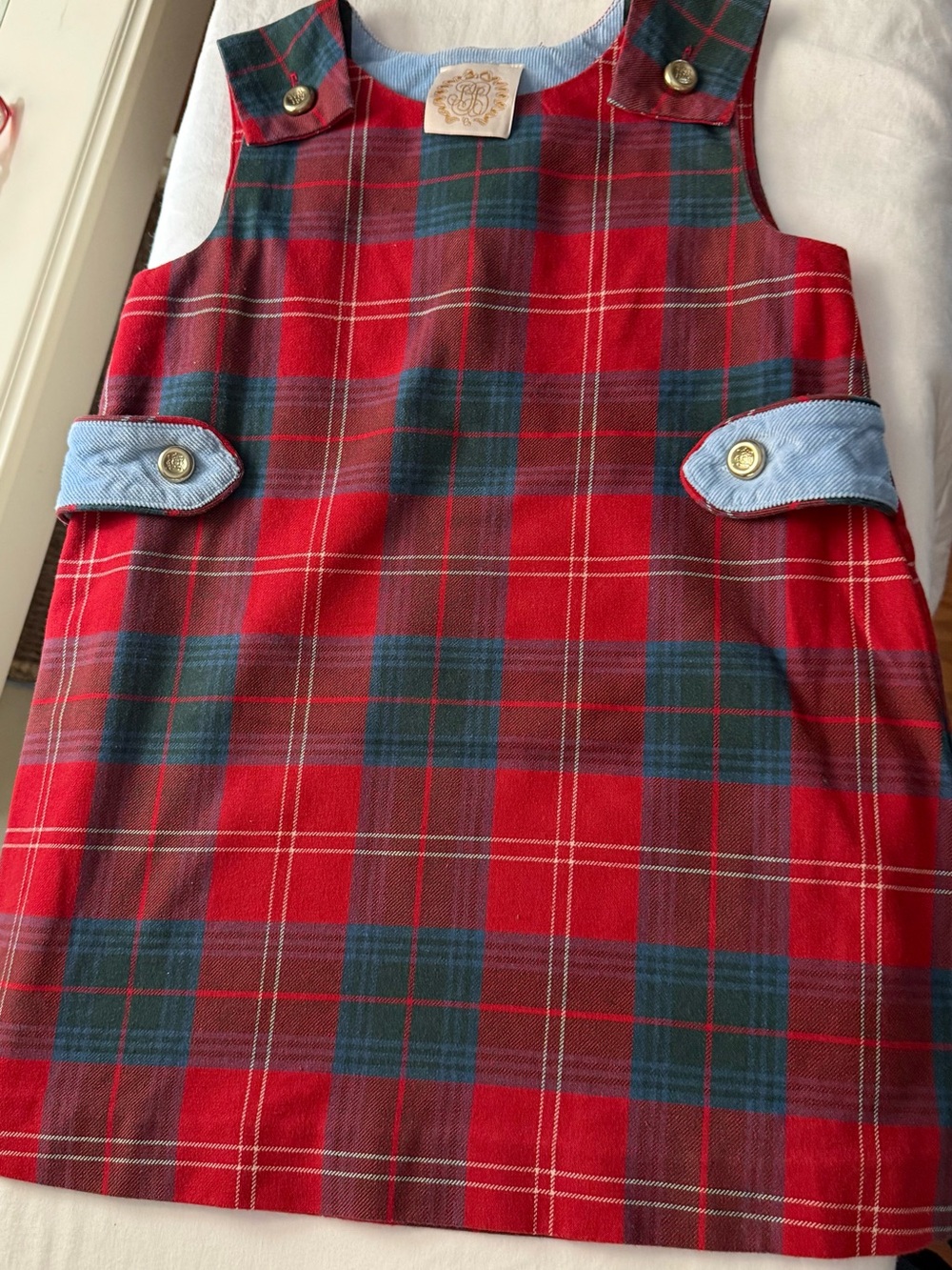 The Beaufort Bonnet Company Red & Green Plaid Dress with Light Blue Trim